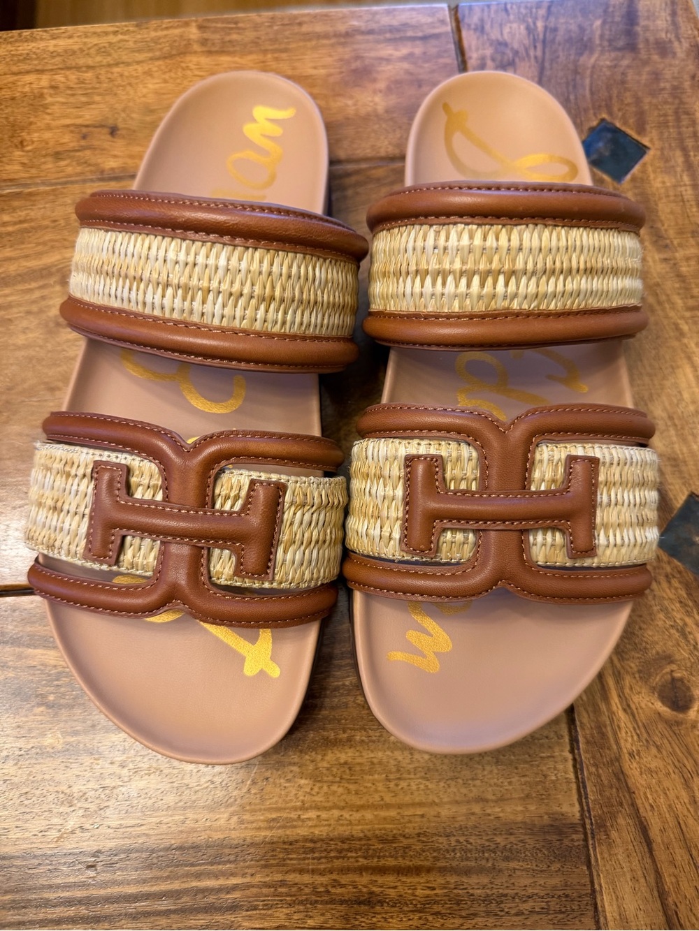 Sam Edelman Tan Raffia-Trim Slide Sandals